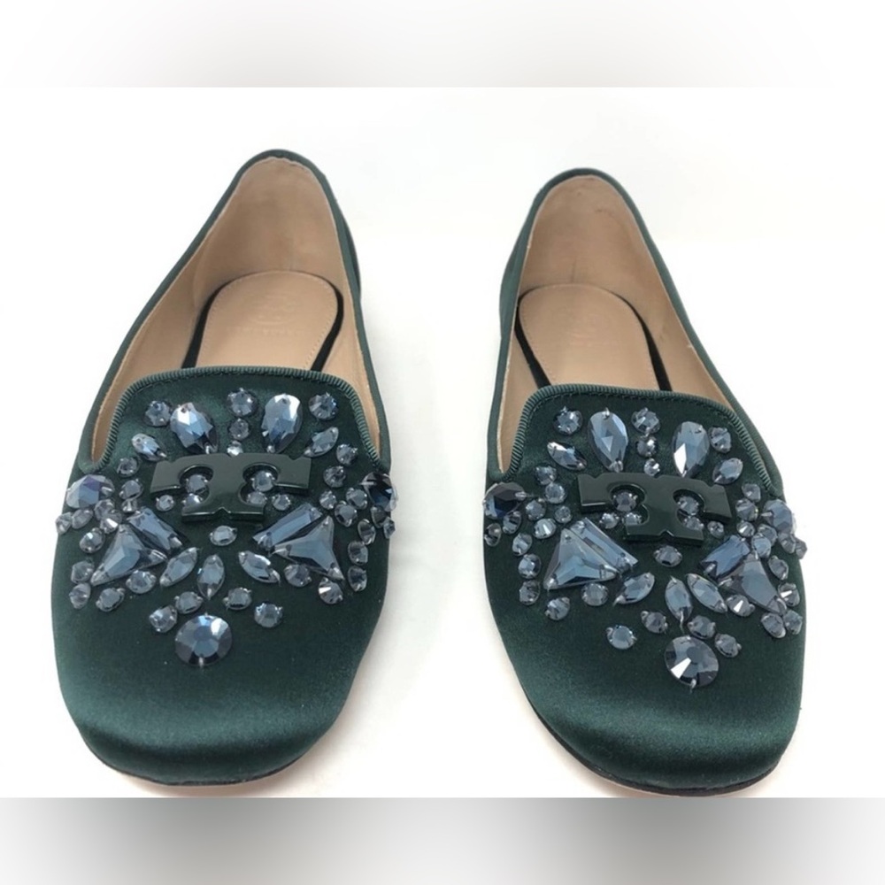 Brand new in box w/dust bag Tory Burch Green Satin Embellished Delphine Loafer